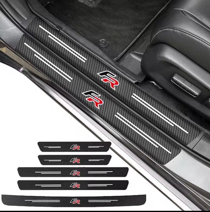 5PCS FR Badge Carbon Fibre Plate Door Sill Protector Guard Stickers Leon Ibiza 