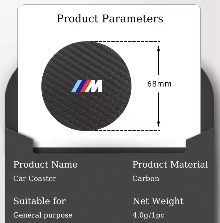Carbon Car Coaster Mat For BMW M Sport M2 M3 M4 M5 M6 X3 X6 E46 E90 E60 F10 F30